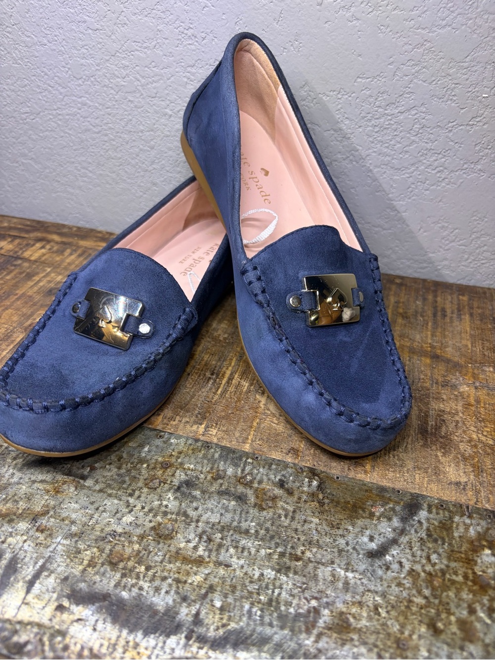 Kate Spade New York Carmen Navy Suede Loafers Silver Spade Hardware Size 7B